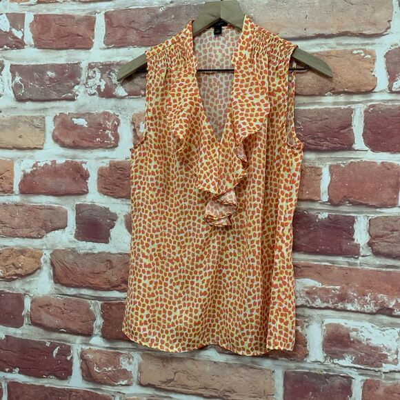 Ann Taylor Top Women's Small Orange Yellow Multicolor Abstract Ruffle Shirt - Picture 3 of 8
